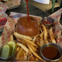 Impossible burger with mushrooms, onions, vegan cheddar and fries & spicy ketchup  at Burgatory - N Shore in Pittsburgh
