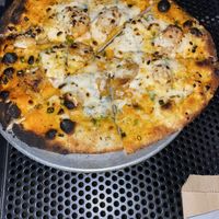 Vegan Buffalo chicken pizza  at Big Slide Brewery in Lake Placid