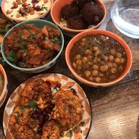 Braised chickpeas, falafel, hummus, spiced potatoes, cauliflower   at Koocha Mezze Bar in Bristol