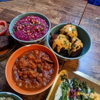 gaymeh, artichoke dip and vegetable fritter   at Koocha Mezze Bar in Bristol