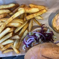Burger and fries  at Koocha Mezze Bar in Bristol