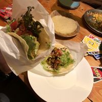 Vegan corn tacos! Beans, sweet potatoes, tomatoes, avocado, and lettuce.  at TacoTaco in Hakuba