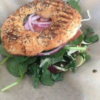 Their vegan pesto sandwich on an everything bagel, ordered with no avocado  at Yaks in Mount Shasta