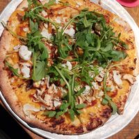 Yummy pizza with nut cheese, mushrooms, cauliflower and rucola!! at Otomat in Leuven