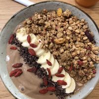 Chocolate smoothie bowl at Happy Blender in Athens