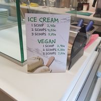 Vegan ice cream prices - options were chocolate, hazelnut and mango. at Happy Blender in Athens