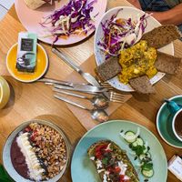 Vegan quoina beetroot wrap, vegan scrambled eggs, acai energy bowl, vegan avocado feta toast. Really yummy! at Happy Blender in Athens