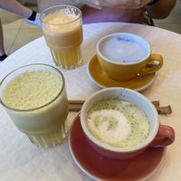 Front: Matcha latte and healthy skin juice  at Happy Blender in Athens