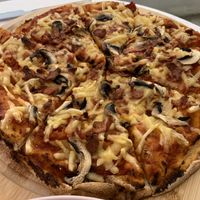 Mushroom bacon pizza — I’m sure this was a pre-cooked crust, but it was still quite good!  at Happy Blender in Athens