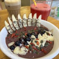 Açai Love bowl (minus banana topping), with iced coffee and fresh watermelon juice  at Happy Blender in Athens