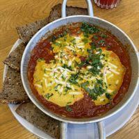 Vegan shakshuka and toast  at Happy Blender in Athens