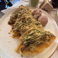 Vegan Dubai chocolate waffles and hazelnut ice cream  at Happy Blender in Athens