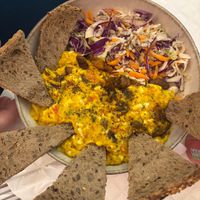 Vegan scrambled eggs , I think this is made from ackee at Happy Blender in Athens