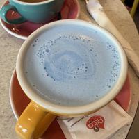 Blue latte and Greek coffee   at Happy Blender in Athens