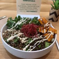 Epic Mean Protein Buddha Bowl ... Black Lentils , Bio quinoa , roasted sweet potatoes , Broccoli, kale , tahini sauce beet sprouts ... great generous bowl of love  at Happy Blender in Athens