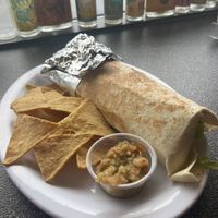 Tofu & veggie burrito (no cheese)— chips & salsa included as a side!   at Railway Cantina in Seward