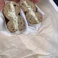 Currant cinnamon bagel with tofu-dill-black pepper spread at Westman's Bagel and Coffee in Seattle