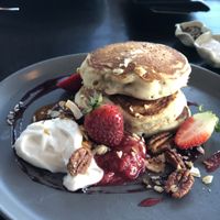 Buckwheat pancakes made vegan (coconut yoghurt) at Equium Social in Newcastle