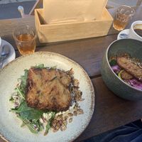Veggie hash with homemade cashew cheese and greens bowl with tempeh  at Equium Social in Newcastle