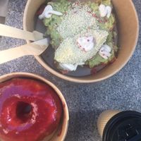 Strawberry donut and avocado toast !!! Muy deliciouso   at Vegan Bowls in Barcelona