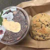 Cacao dreams smoothie bowl, chocolate chip cookie at Vegan Bowls in Barcelona