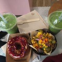 Red velvet donut, green detox and Mexican bowl. at Vegan Bowls in Barcelona