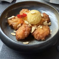 Chef’s choice vegan style - pumpkin fritters with orange sorbet   at Origens in Evora