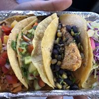 One of each veggie taco, made vegan (crispy potato not shown-already eaten)! 😂 at Str8 up Tacos in Lakewood