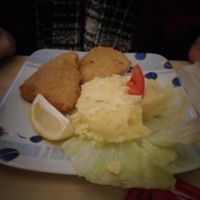 Vegetarian chicken schnitzel with potato salad. at Formosa Food in Vienna