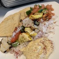 Veggie kabob with rice, hummus and pita, side salad #Veganuary at OC Kabob in Ocean City