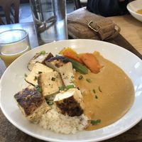 Main vegan meal with peanut sauce: they were out of black beans today so gave us tofu instead!  at Table Metis in Paris