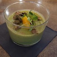 Cold courgets soup with grilled gombos and persinette cress at Table Metis in Paris