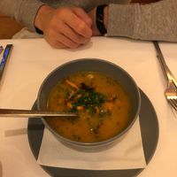 Ask for vegan version: potato leek and chanterelle mushrooms soup. at Almhof in Hinterthal
