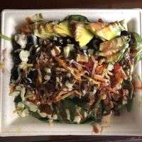 Vegan bowl with brown rice, black beans, lots of veggies and the 3 vegan sauces at Diced in Miami