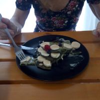 Matcha pancakes, yum! at Kakao Cocina Vegana in La Paz