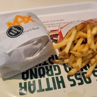 Plant beef burger and chips at MAX in Uppsala