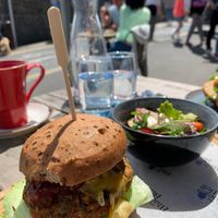 When the weather is nice, there are tables outside, vegan gluten free burgers 🍔  at The Blue Bell in New Quay