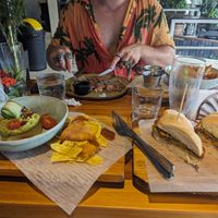 Guacamole bowl and chips + romesco sandwich at Sibu Cafe in Uvita