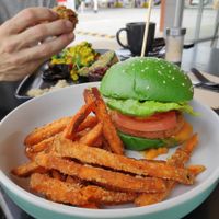 Chikn burger and sweet potato fries at Chelle's Soulfood in Officer