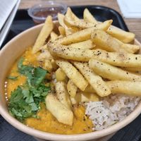 Curry pot, rice and fries at Manjit's Kitchen in Leeds