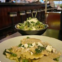 Umami pillows aka eggplant and tomato stuffed agnolotti, vegan feta, miso butterr  at The Moon in Northbridge