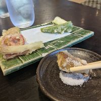 +300 yen for tempura. Small portion - tasty with salt! at Kawagoe Kou Sushi in Kawagoe