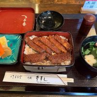 “Eel” like tofu, with miso glaze and nori, sided with pickles, rice and miso soup. at Kawagoe Kou Sushi in Kawagoe