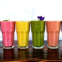Superfood Smoothies; Mint Choc, Strawberries & Cream, Turmeric Ginger Colada, Green Power, Sunburst, Choco Magic at Blossom Cafe in Pai