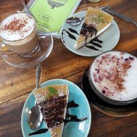 Superfood latte, pink rose latte and passion fruit cheesecake at Blossom Cafe in Pai