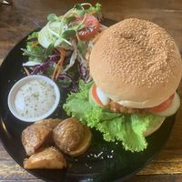 Tempeh burger with salad and potato/veganaise  at Blossom Cafe in Pai