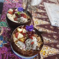 Pretty in pink and minty blues smoothie bowls at Blossom Cafe in Pai
