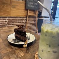Double chocolate cake and matcha latte   at Rumah Juliet in Jakarta