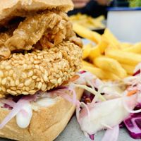 The tofu burger with a gf bun for me. So filling and delish  at Boo's Kitchen in Mumbles