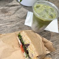Chickpea tuna salad sandwich and a matcha latte w/ oat milk  at Vegan Popup By XMarket in Venice
